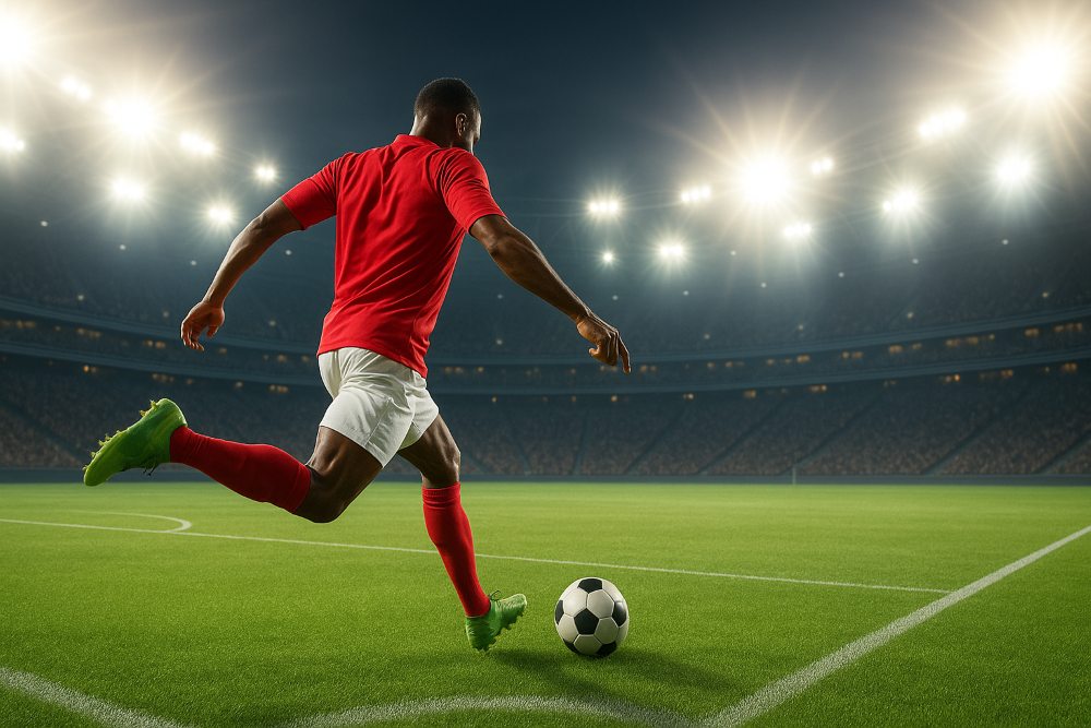 Voetballer schopt tegen bal in verlicht stadion