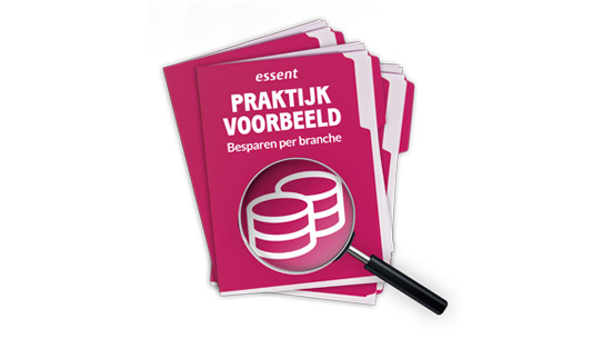 Illustratie van document met de tekst Praktijkvoorbeeld. Een vergrootglas vergroot het document. 