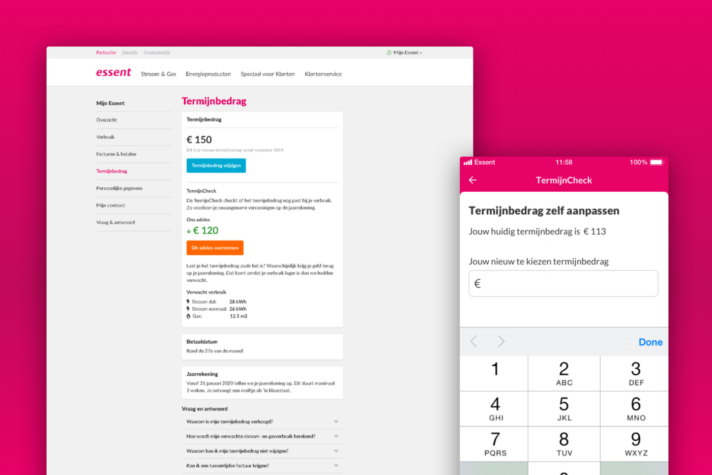 Browserscherm dat verandering in termijnbedrag bij Essent laat zien.
