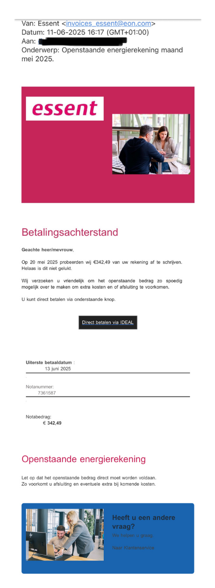 Phishingmail van Essent