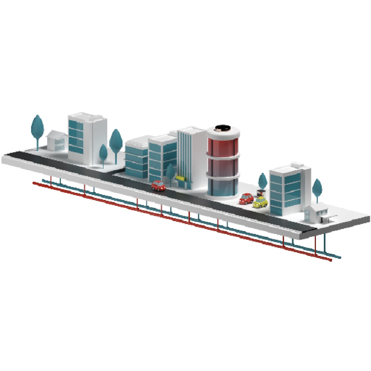 tekening van een straat met gebouwen en energiestromen eronder