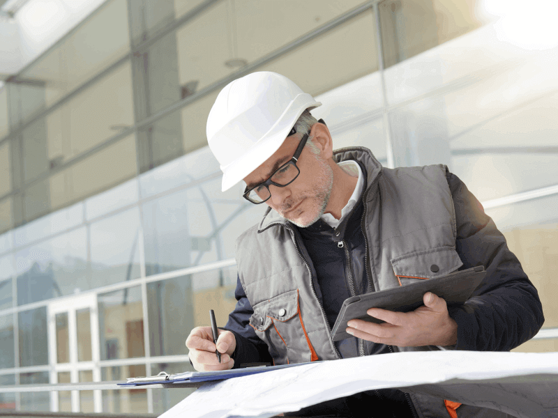 Man met bouwhelm zit te ontwerpen.